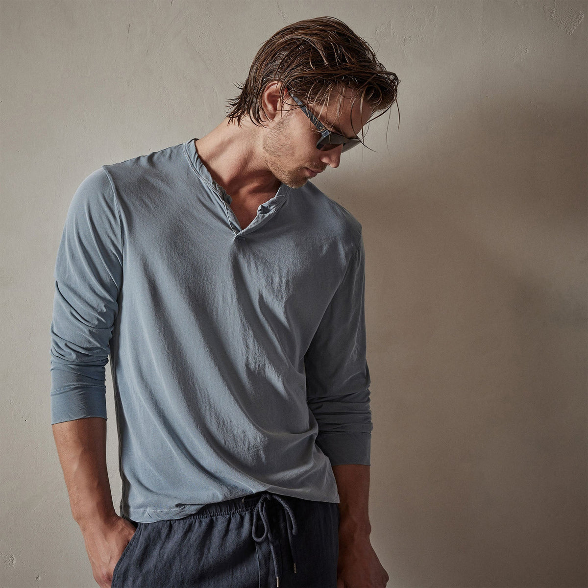 High Gauge Jersey Henley in Bluestone Pigment | James Perse Los Angeles