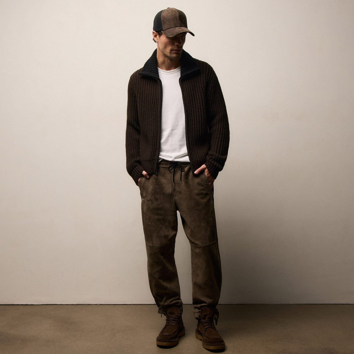 Heavy Rib Cashmere Zip Front Sweater - Kona/Black