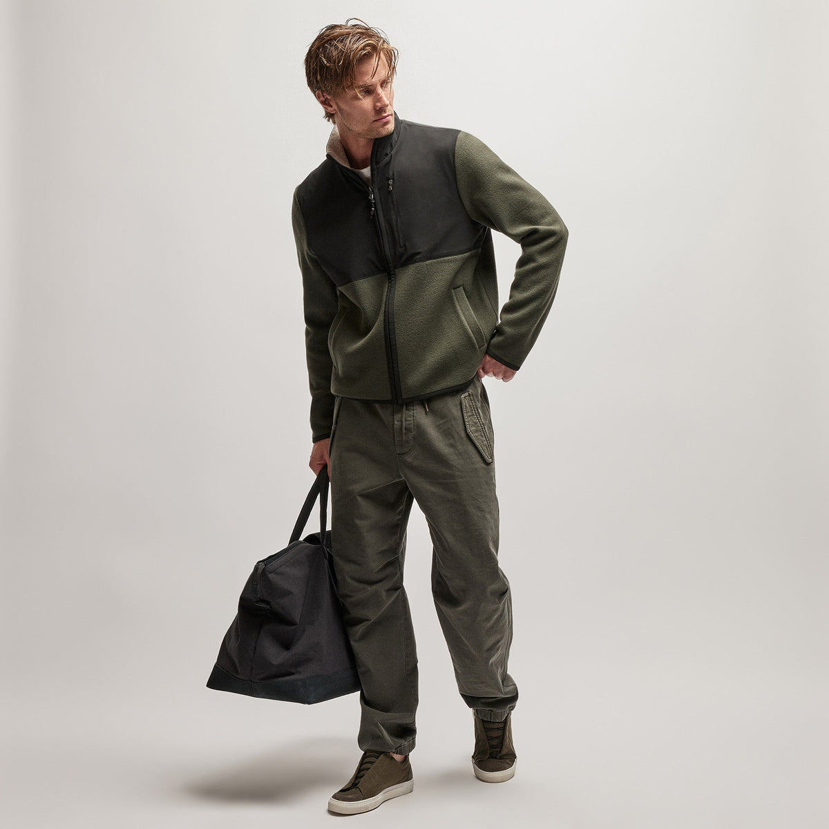Wool Jersey Mixed Media Jacket in Dark Olive/Black | James Perse Los Angeles