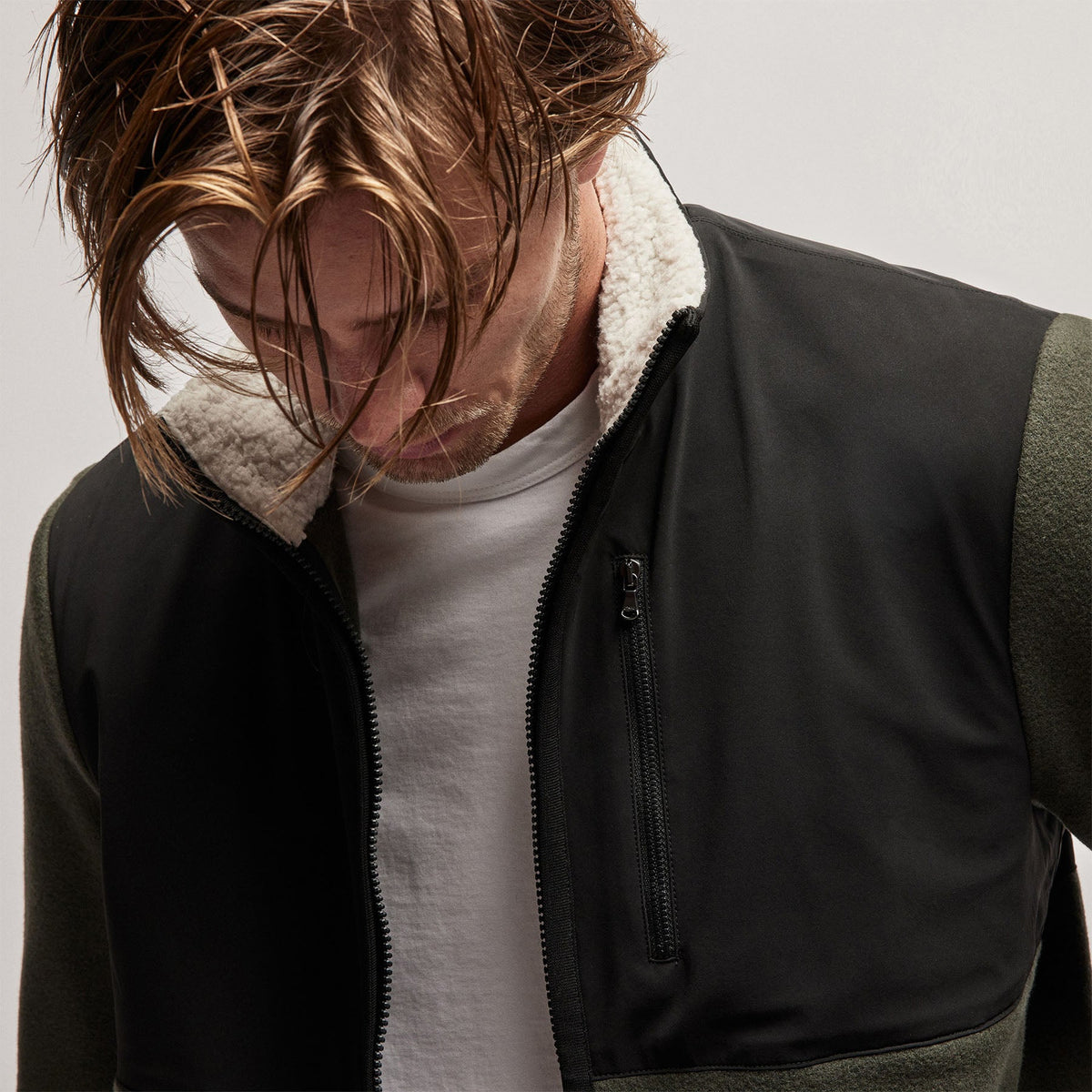 Wool Jersey Mixed Media Jacket in Dark Olive/Black | James Perse Los Angeles
