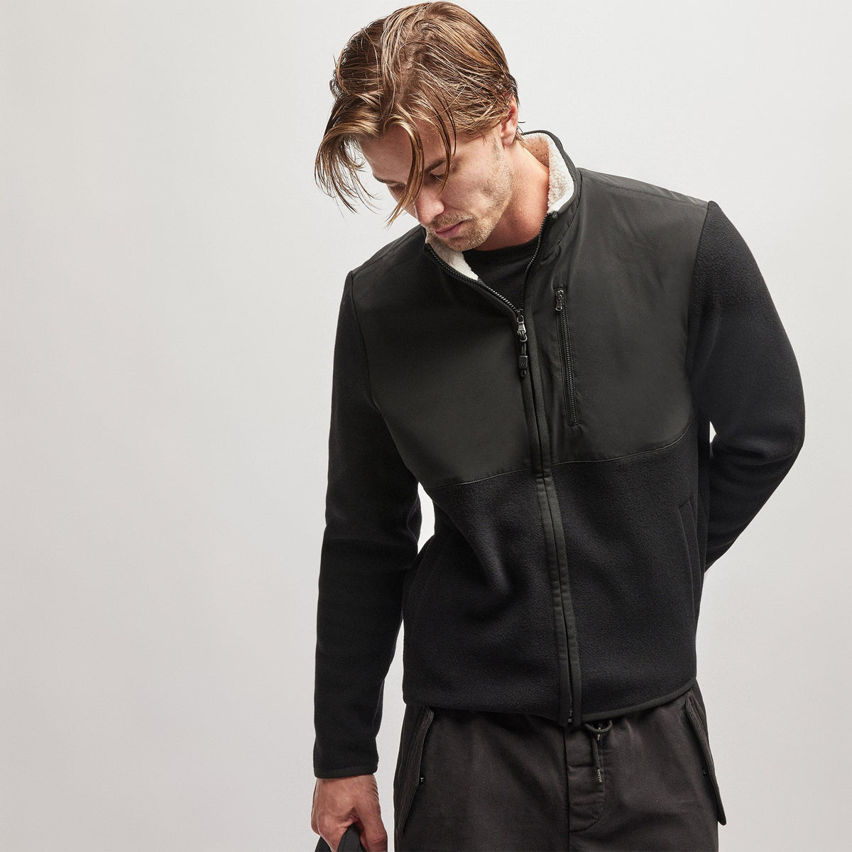Wool Jersey Mixed Media Jacket in Black | James Perse Los Angeles
