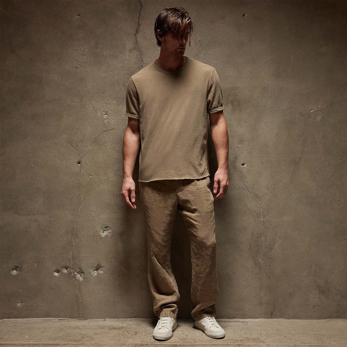 Natural Slub Jersey Short Sleeve Crew in Cashew Pigment | James Perse Los Angeles