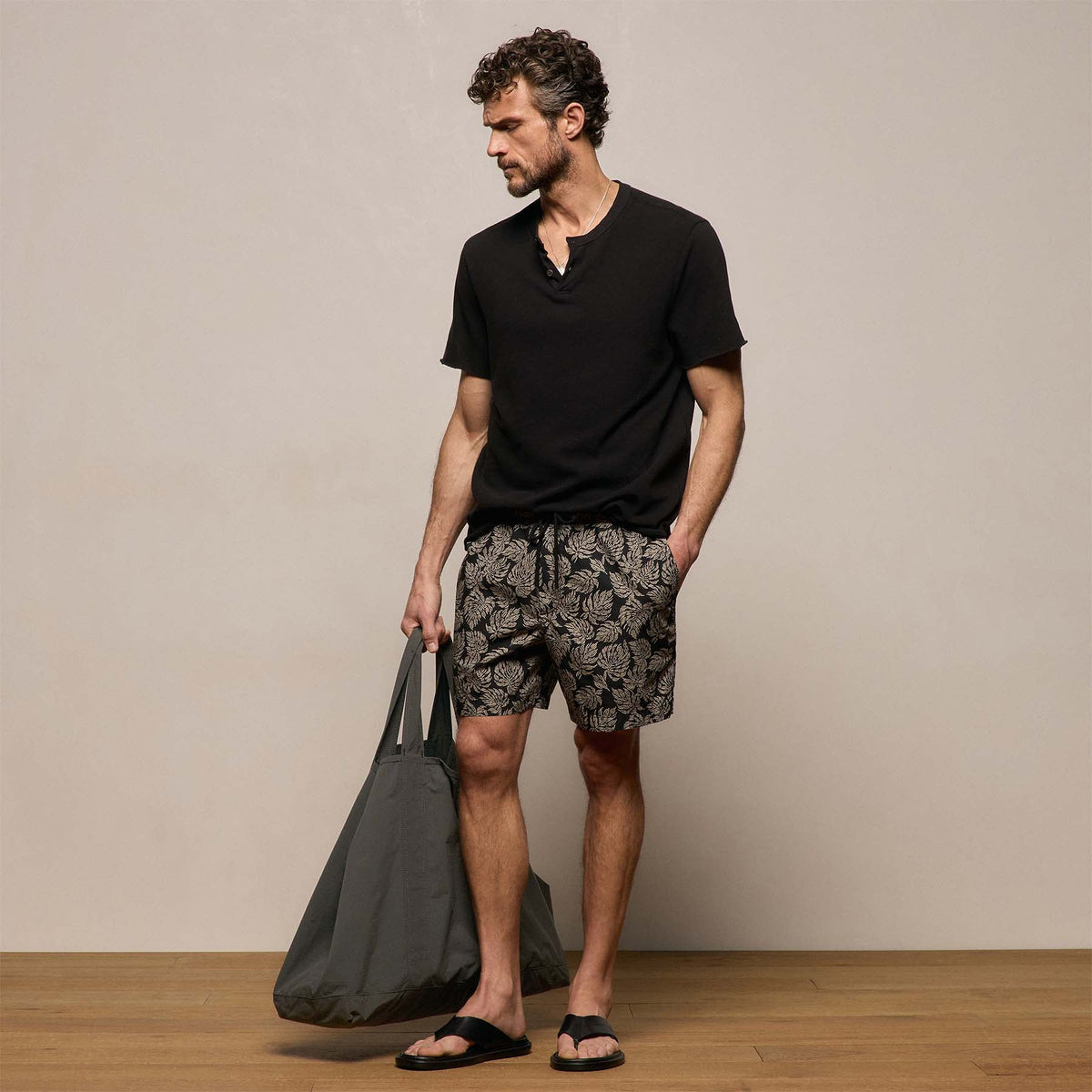 Slub Jersey Short Sleeve Henley in Black | James Perse Los Angeles