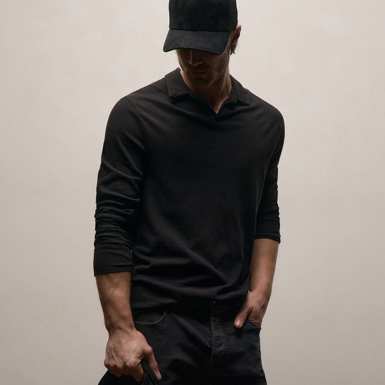 Slub Jersey Long Sleeve Open Polo in Black