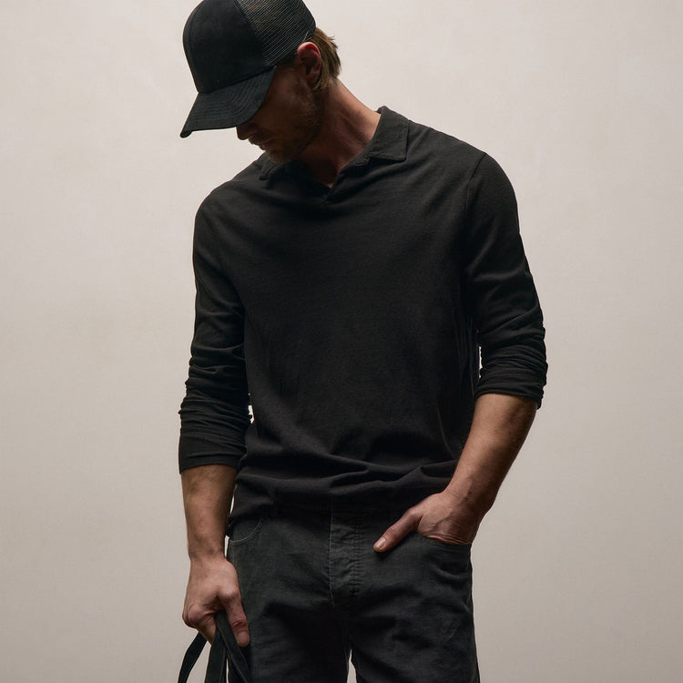Slub Jersey Long Sleeve Open Polo in Black | James Perse Los Angeles
