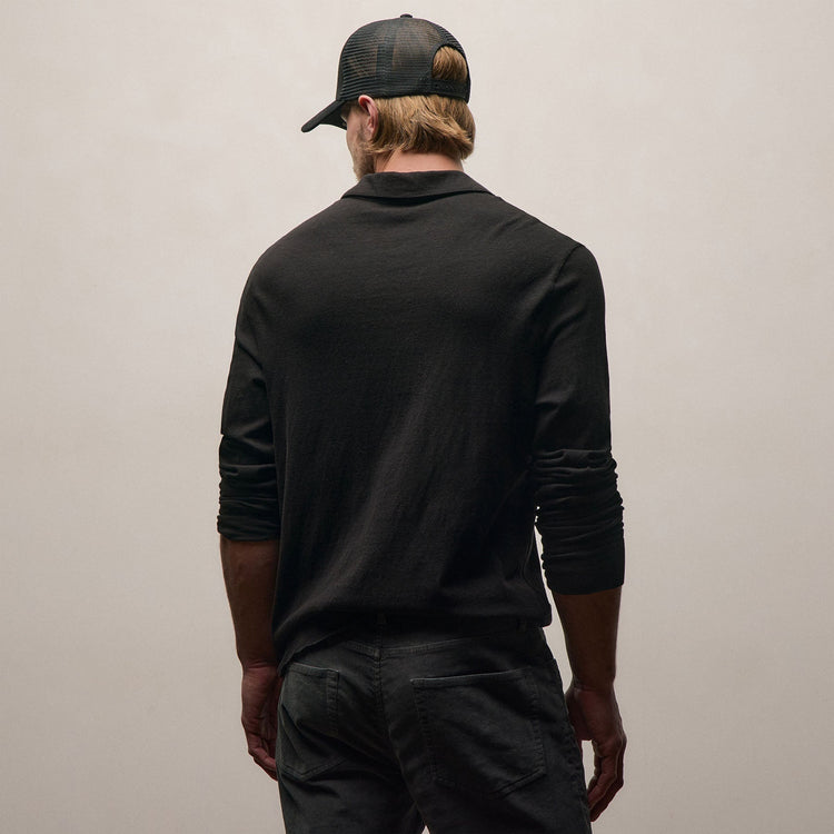 Slub Jersey Long Sleeve Open Polo in Black | James Perse Los Angeles