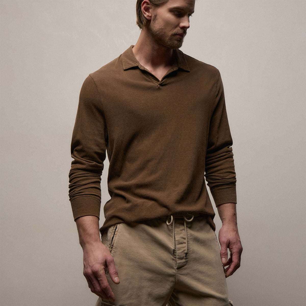 Slub Jersey Long Sleeve Open Polo in Gingerbread Pigment | James Perse Los Angeles