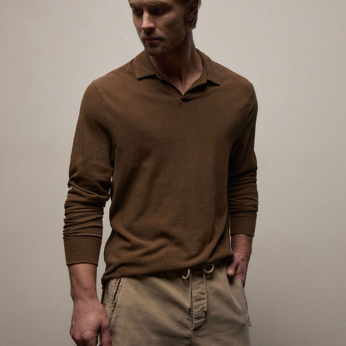 Slub Jersey Long Sleeve Open Polo in Gingerbread Pigment | James Perse Los Angeles