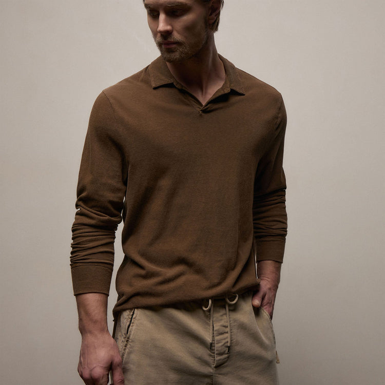 Slub Jersey Long Sleeve Open Polo in Gingerbread Pigment | James Perse Los Angeles