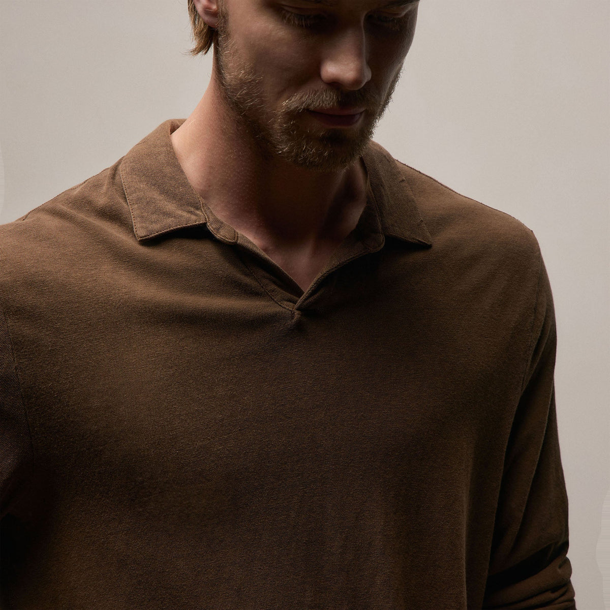 Slub Jersey Long Sleeve Open Polo in Gingerbread Pigment | James Perse Los Angeles