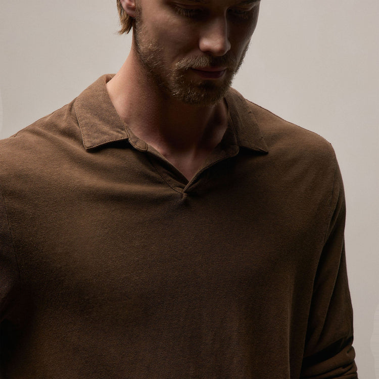 Slub Jersey Long Sleeve Open Polo in Gingerbread Pigment | James Perse Los Angeles
