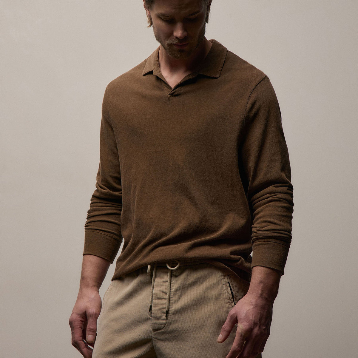 Slub Jersey Long Sleeve Open Polo in Gingerbread Pigment | James Perse Los Angeles
