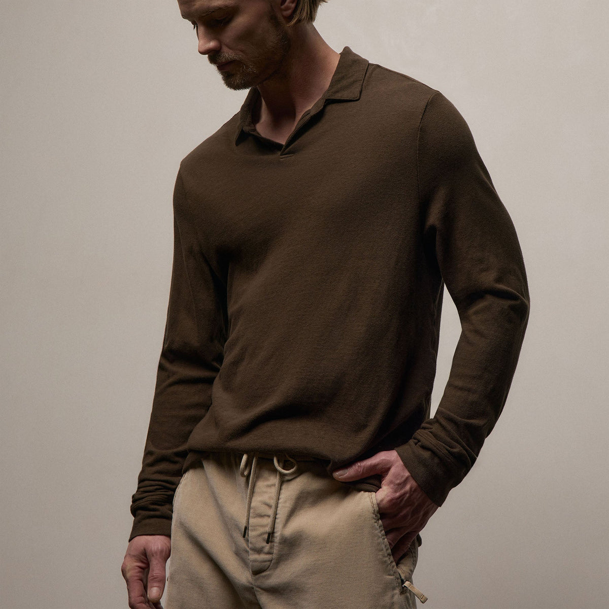 Slub Jersey Long Sleeve Open Polo in Porcupine | James Perse Los Angeles
