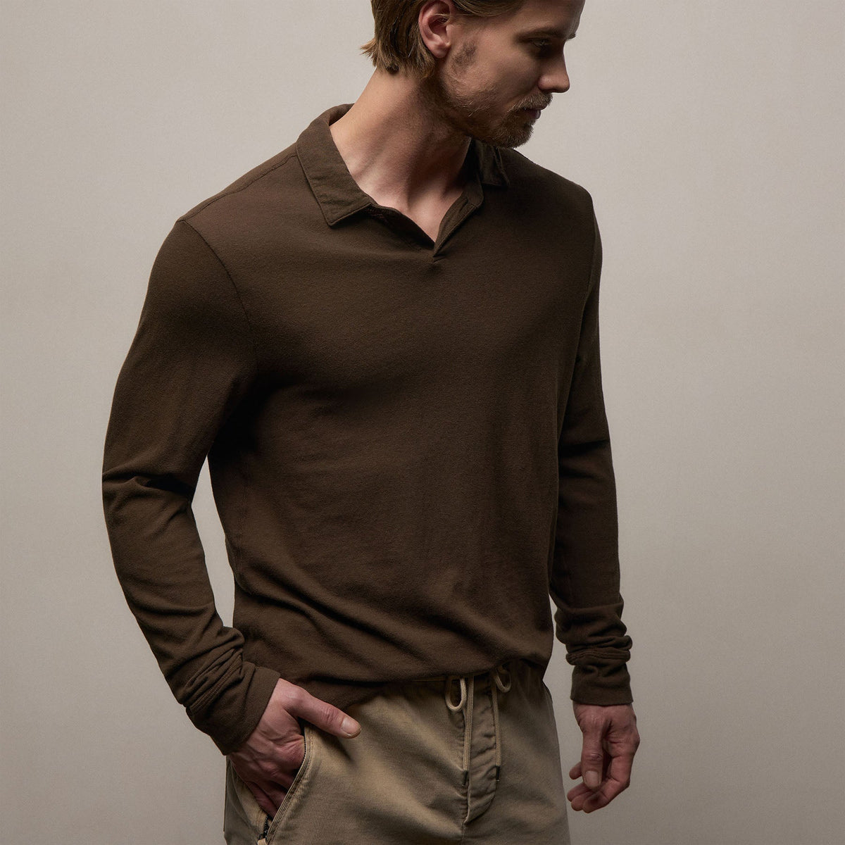 Slub Jersey Long Sleeve Open Polo in Porcupine | James Perse Los Angeles