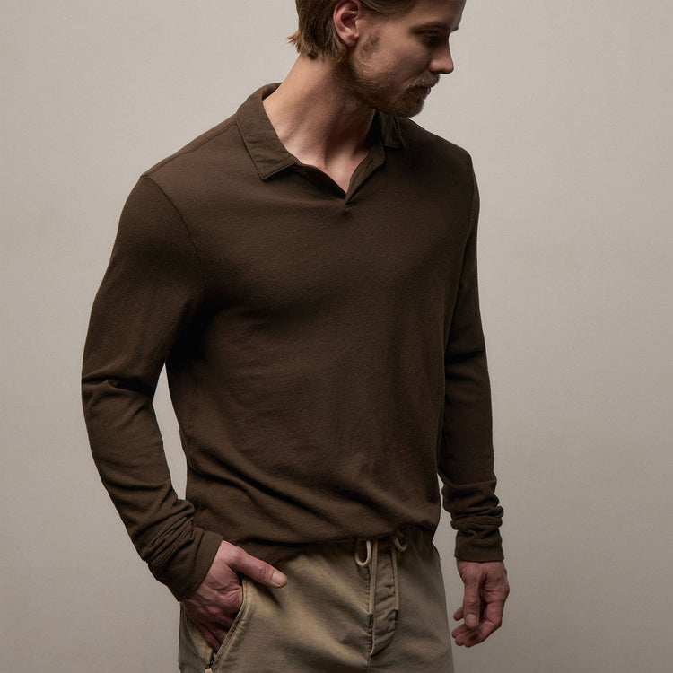 Slub Jersey Long Sleeve Open Polo in Porcupine | James Perse Los Angeles