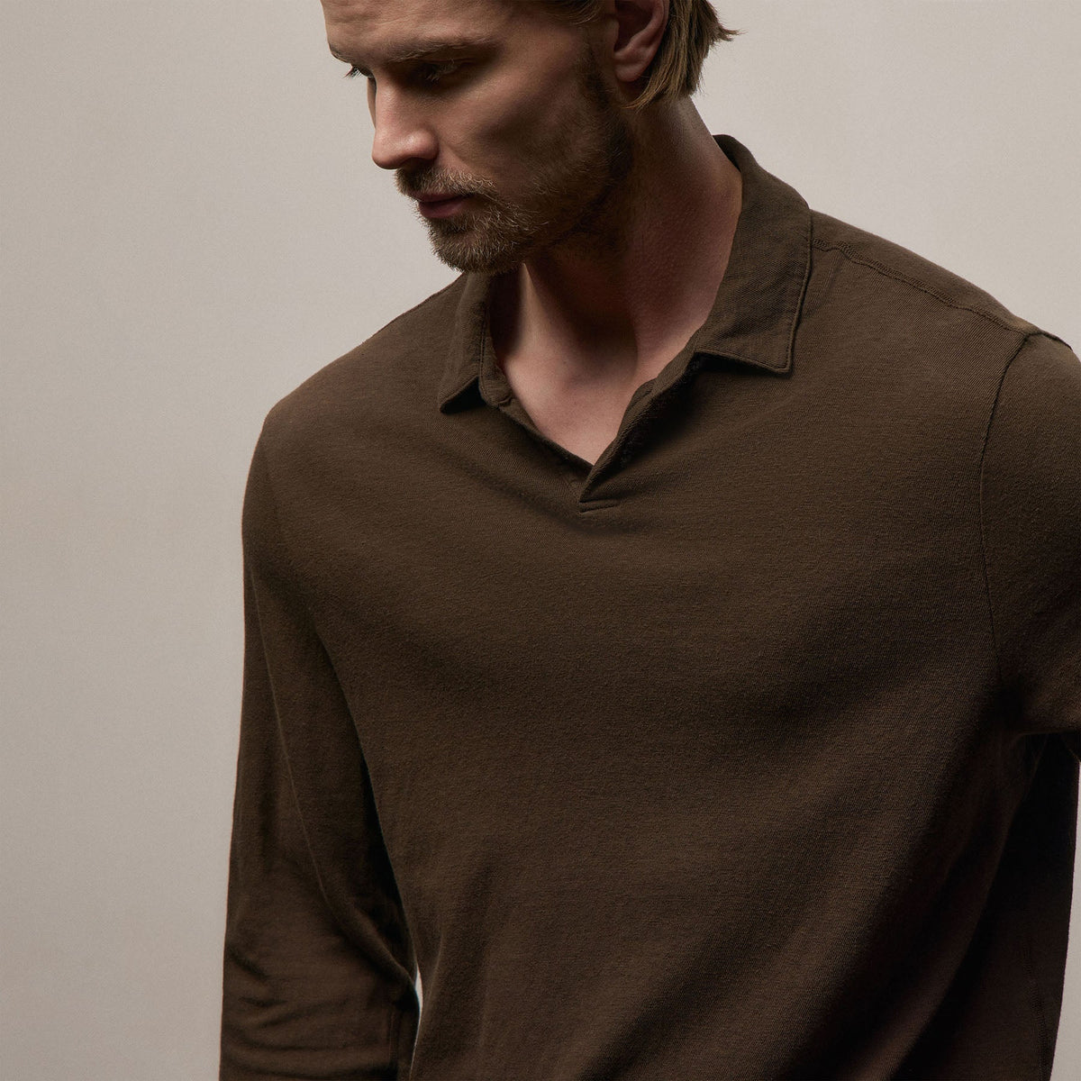 Slub Jersey Long Sleeve Open Polo in Porcupine | James Perse Los Angeles