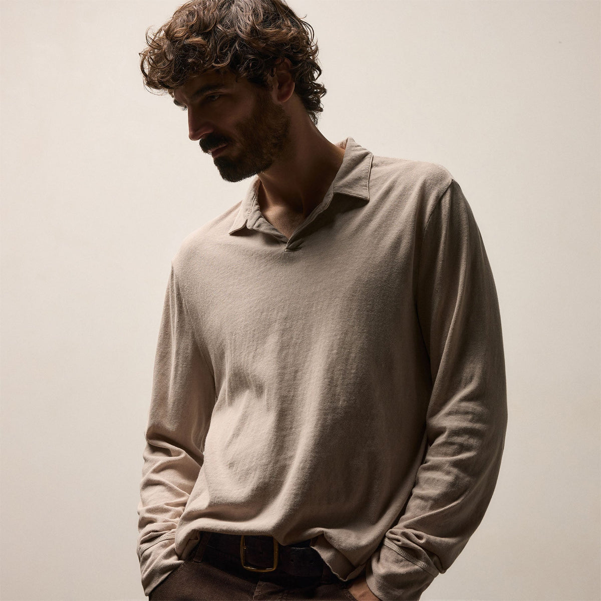 Slub Jersey Long Sleeve Open Polo in Stone Pigment