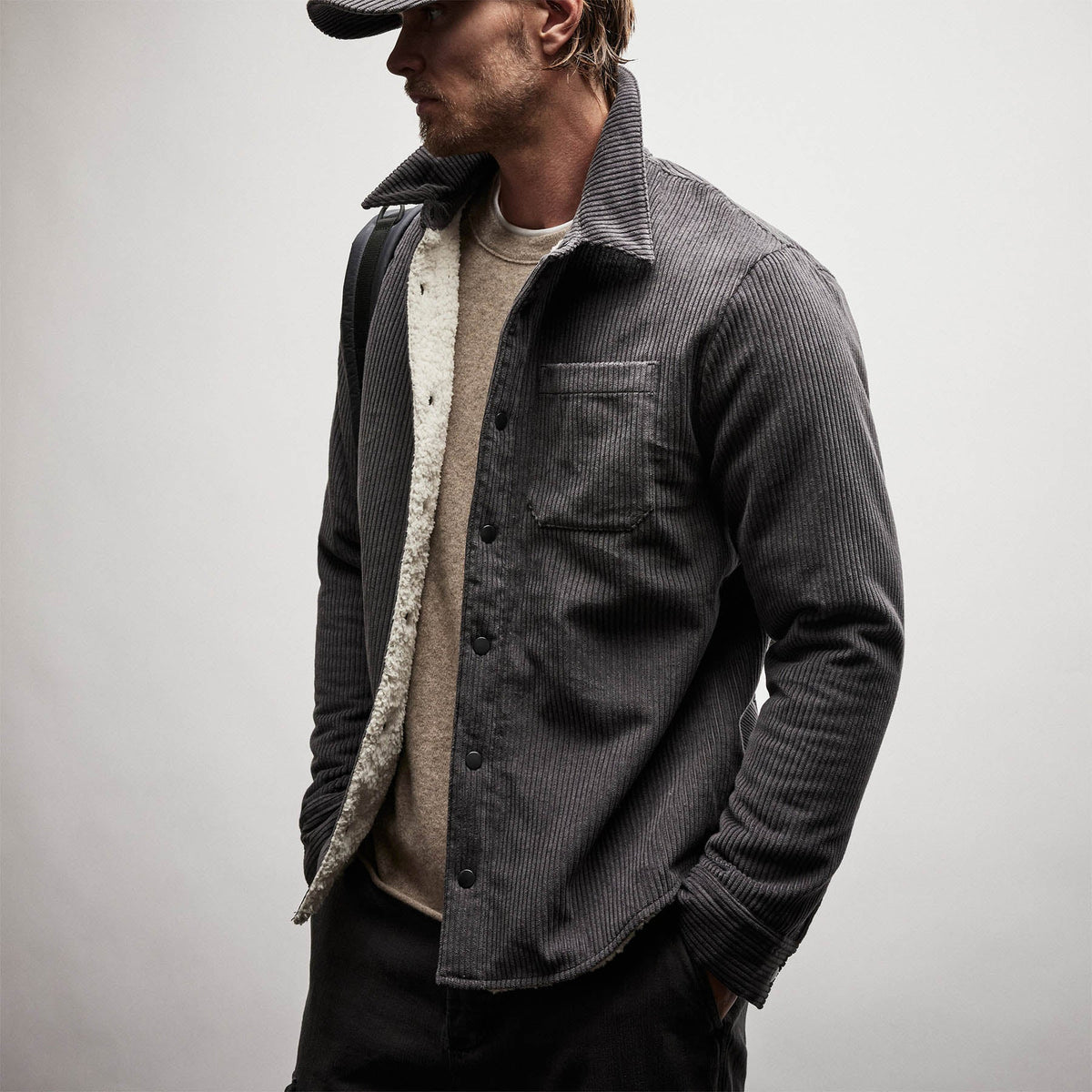 Sherpa Lined Corduroy Shirt Jacket in Magma | James Perse Los Angeles
