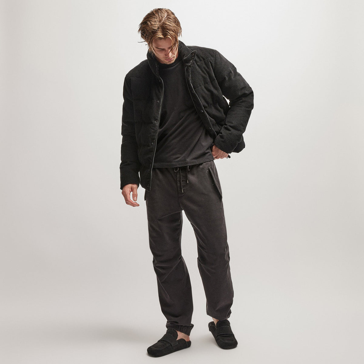 Down Filled Cord Jacket in Black | James Perse Los Angeles