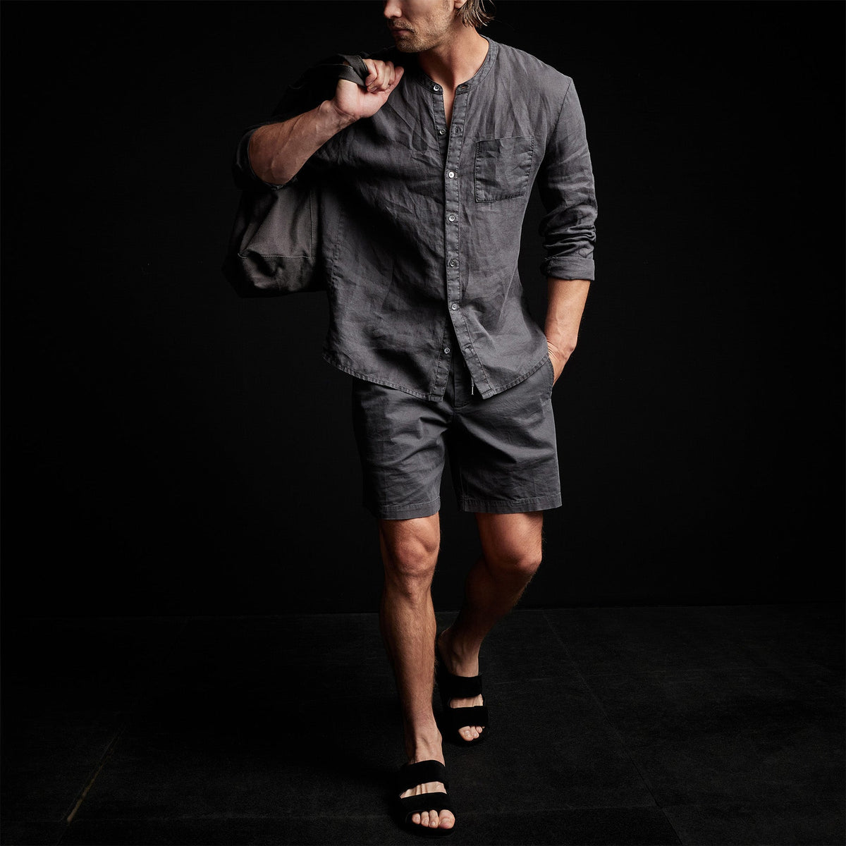 Band Collar Linen Shirt in Magma Pigment | James Perse Los Angeles