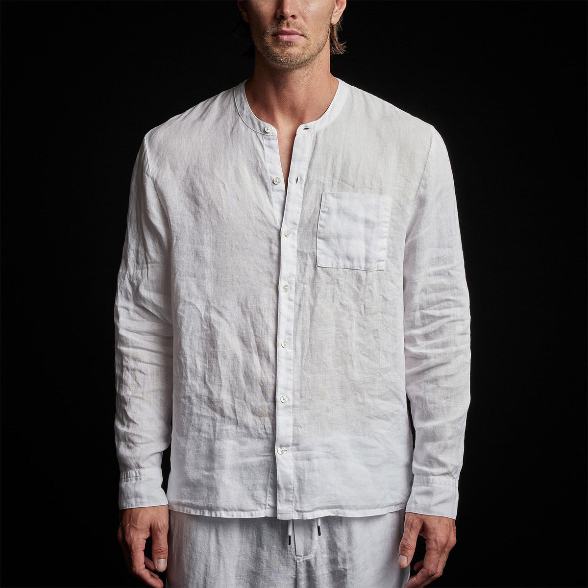 Band Collar Linen Shirt in White | James Perse Los Angeles