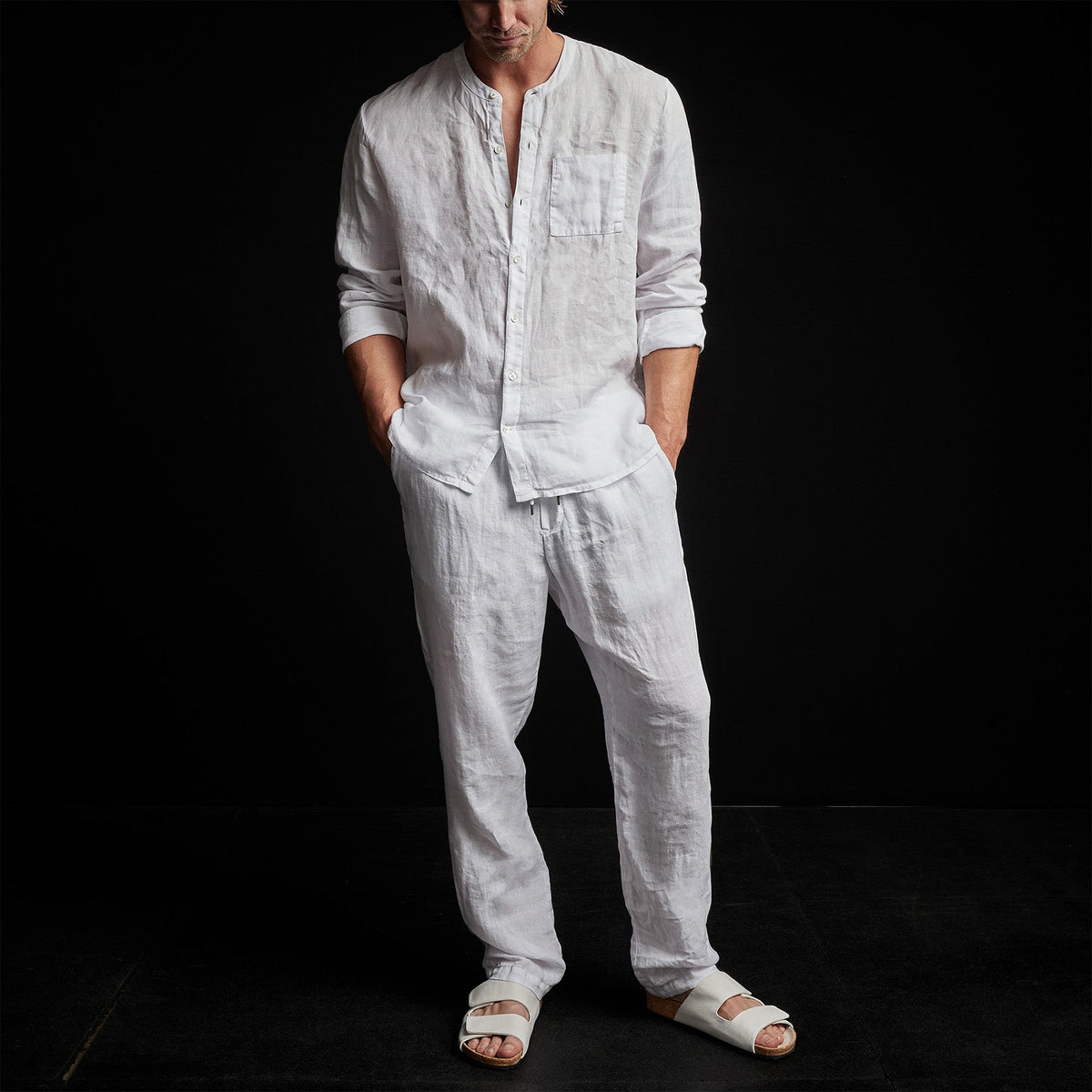 Band Collar Linen Shirt in White | James Perse Los Angeles