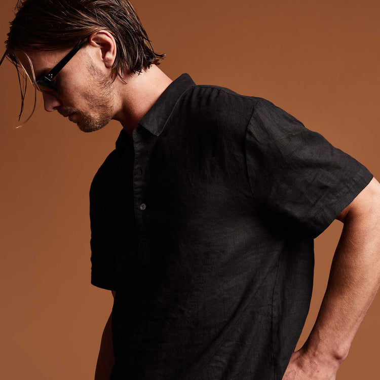 Linen Pullover Polo in Black | James Perse Los Angeles