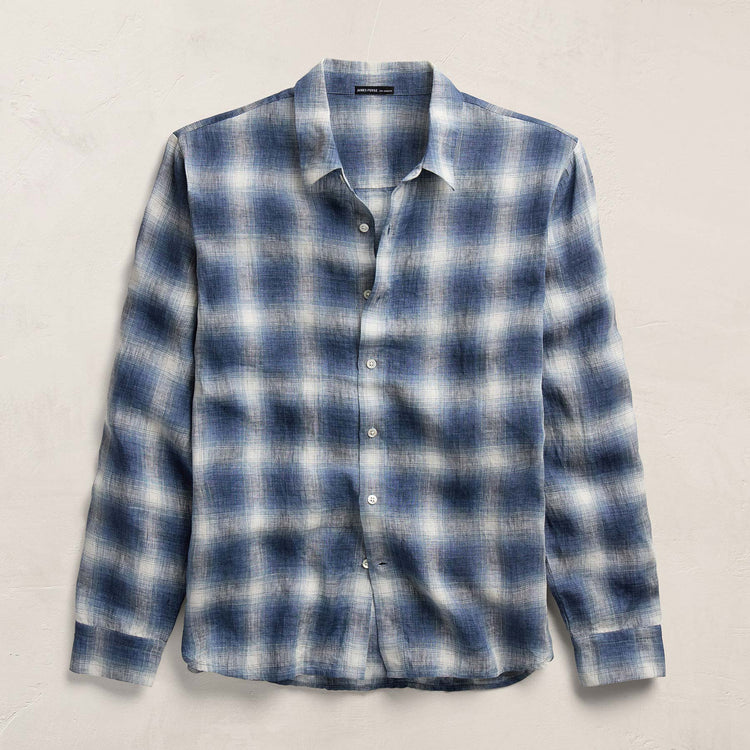 Plaid Linen Shirt in Blue Plaid | James Perse Los Angeles
