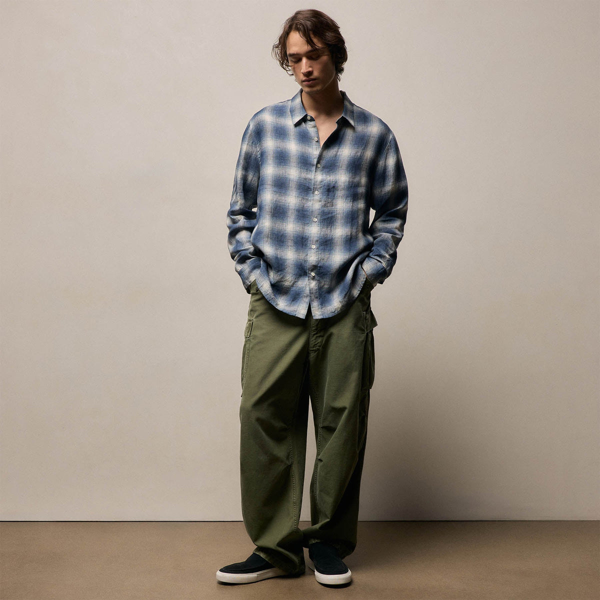 Plaid Linen Shirt in Blue Plaid | James Perse Los Angeles