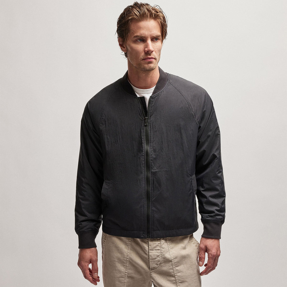 Nylon Bomber Jacket Lined in Black | James Perse Los Angeles