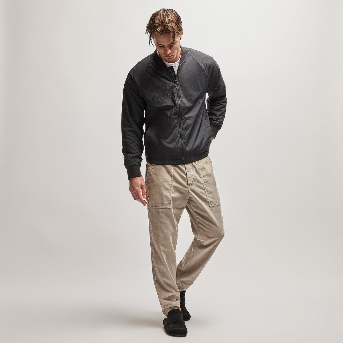 Nylon Bomber Jacket Lined in Black | James Perse Los Angeles