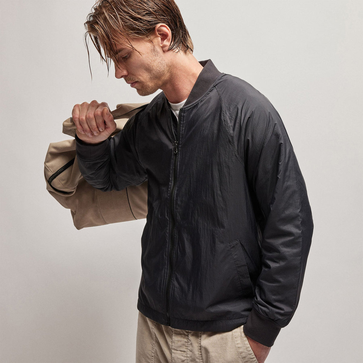 Nylon Bomber Jacket Lined in Black | James Perse Los Angeles