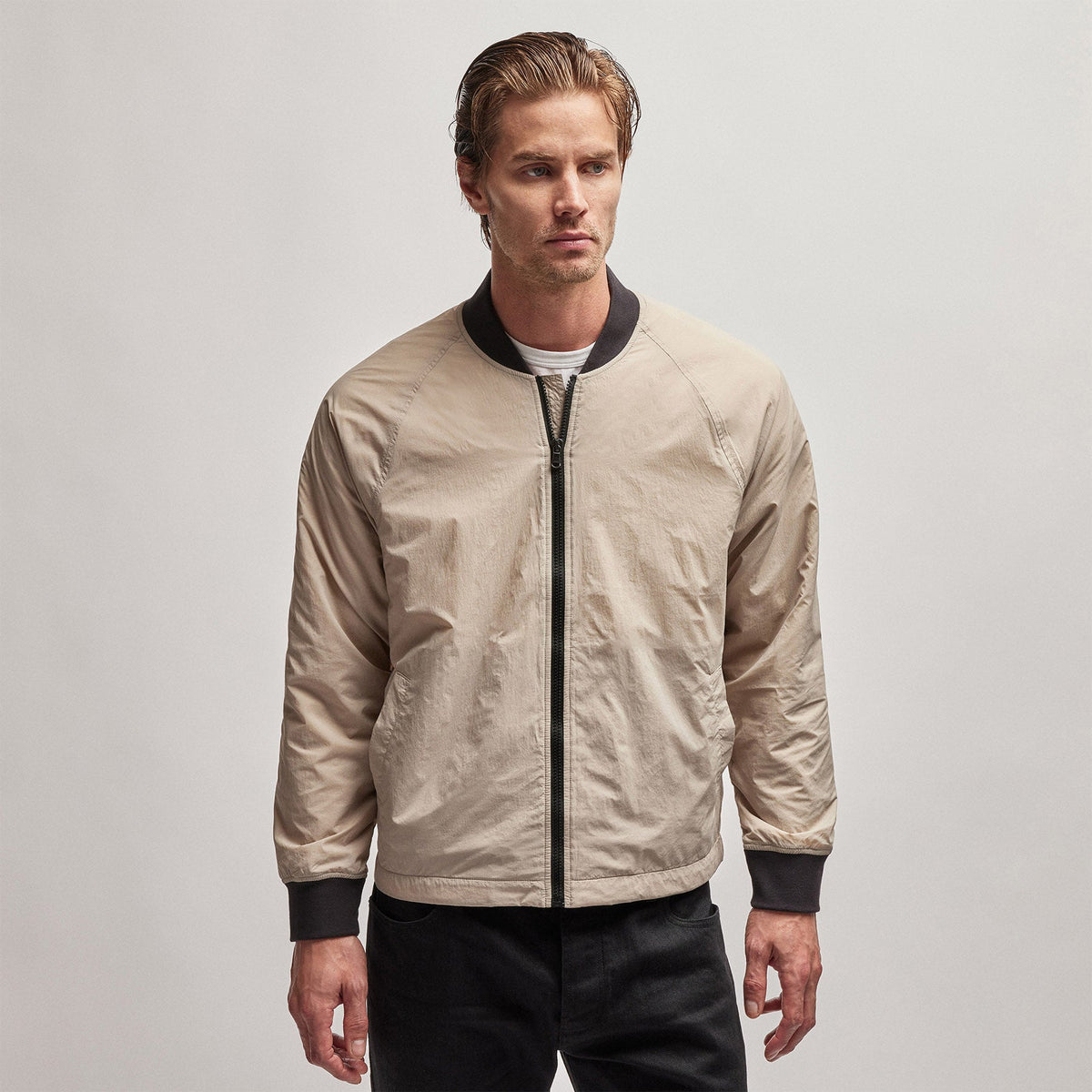 Nylon Bomber Jacket Lined in Toast | James Perse Los Angeles