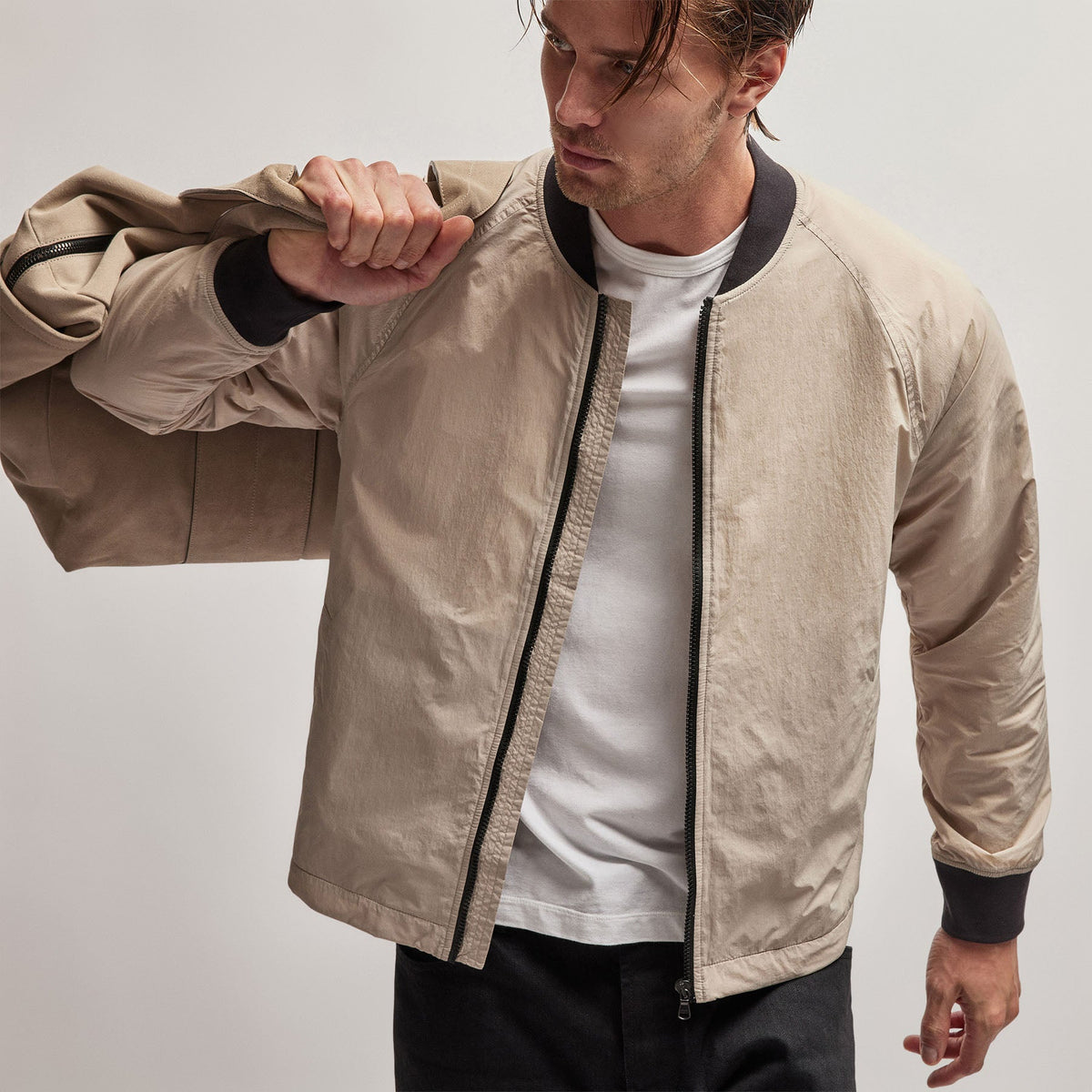Nylon Bomber Jacket Lined in Toast | James Perse Los Angeles
