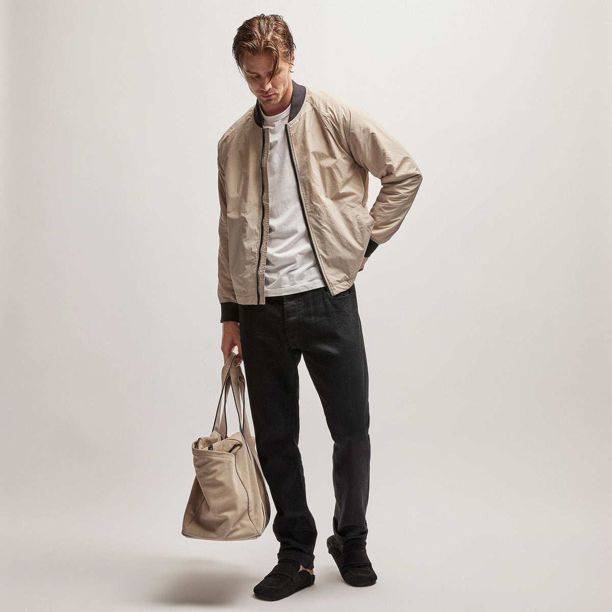 Nylon Bomber Jacket Lined in Toast | James Perse Los Angeles