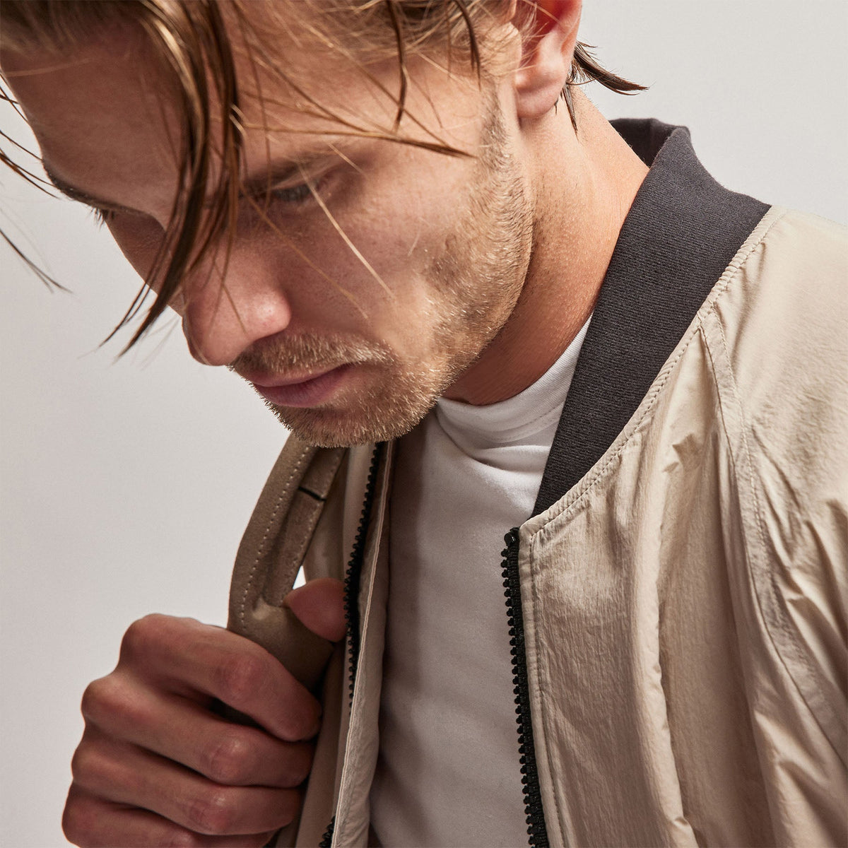 Nylon Bomber Jacket Lined in Toast | James Perse Los Angeles