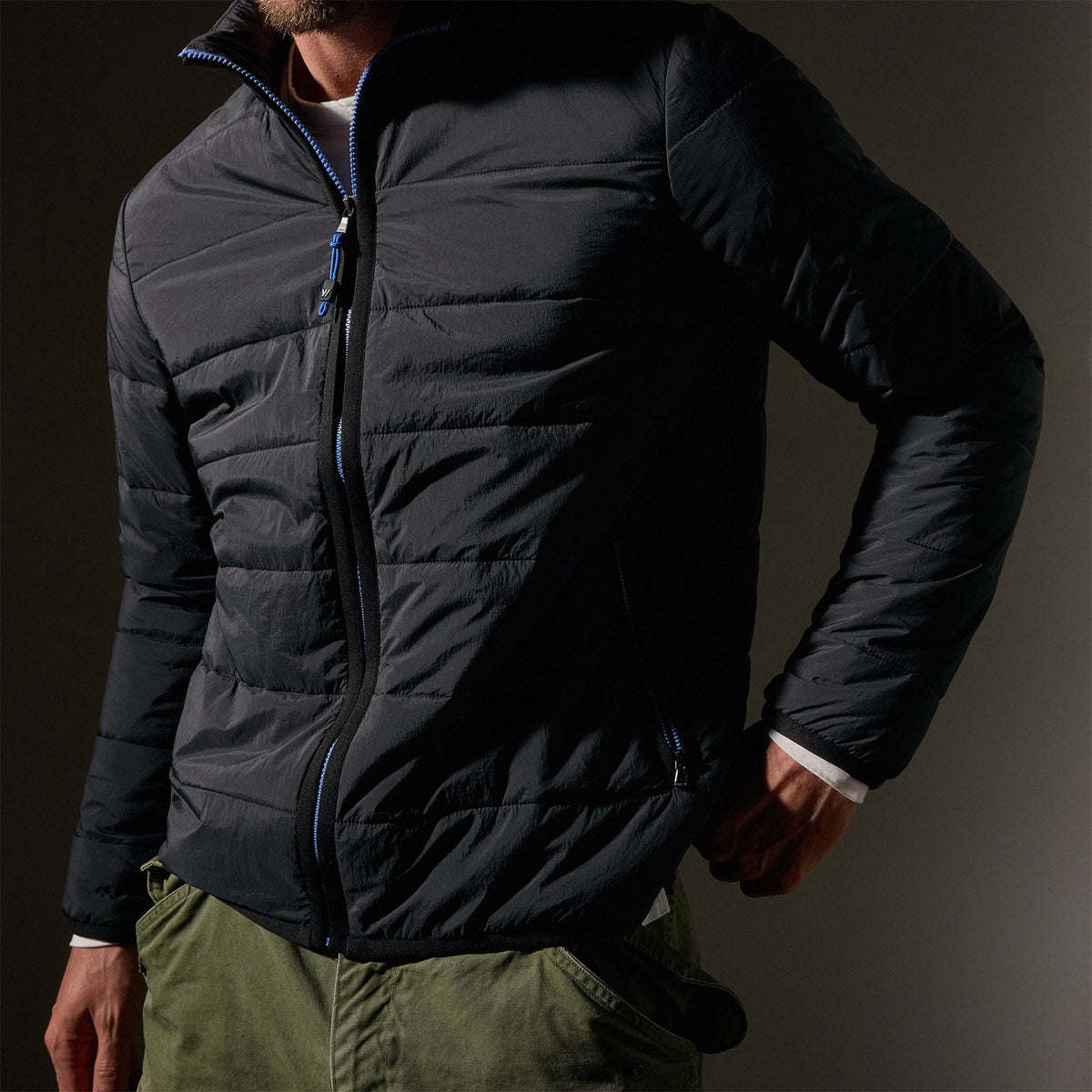 Contrast Zip Insulated Jacket  in Black/Black/Blue | James Perse Los Angeles
