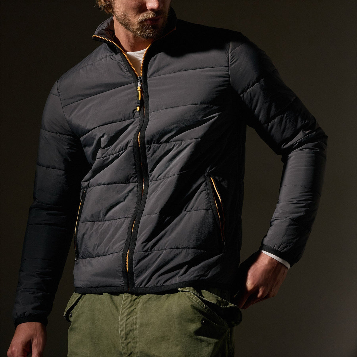 Contrast Zip Insulated Jacket  in Carbon/Black/Yellow | James Perse Los Angeles