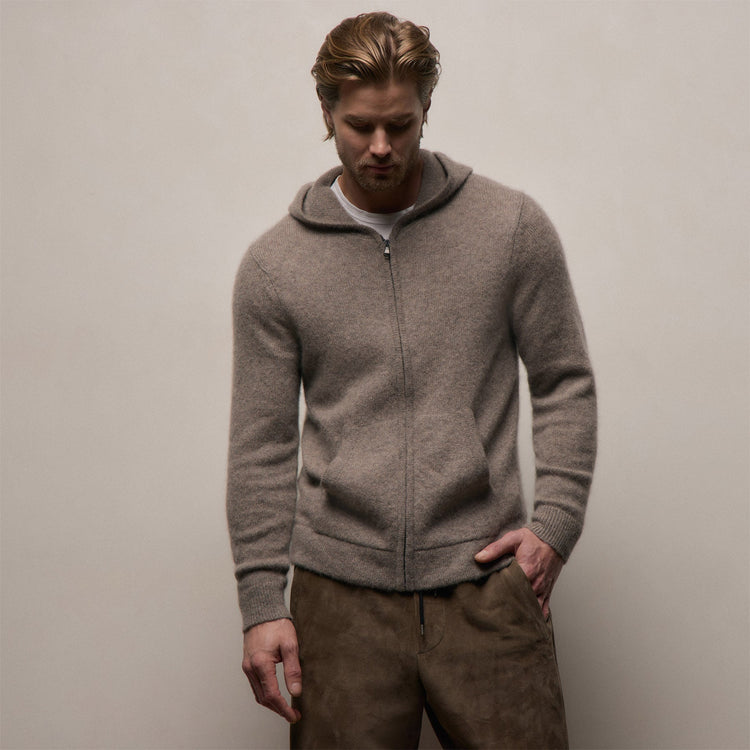 Lightweight Textured Cashmere Knit Zip Up Hoodie in Beige Melange | James Perse Los Angeles