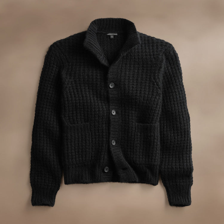 Cashmere Knit Waffle Cardigan  in True Black | James Perse Los Angeles