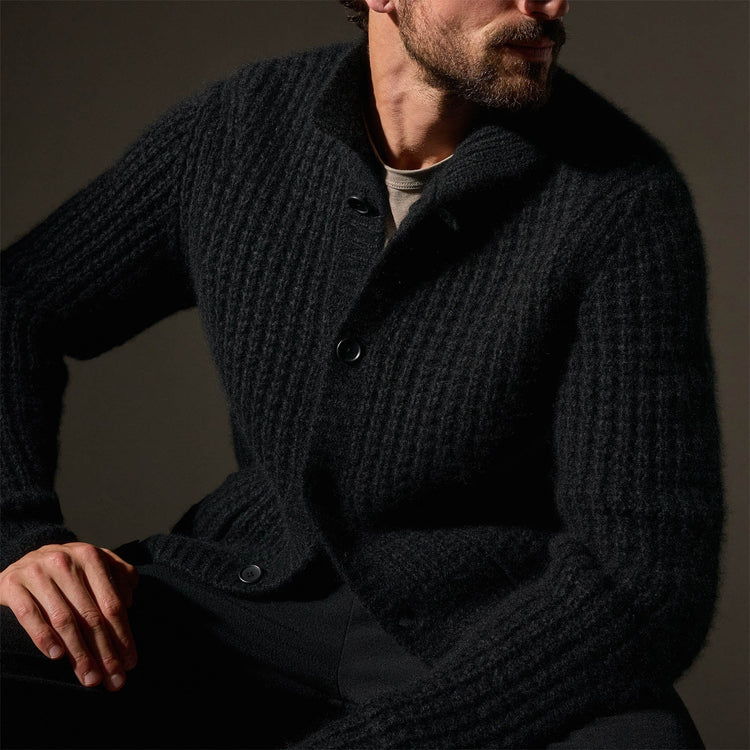 Cashmere Knit Waffle Cardigan in True Black | James Perse Los Angeles