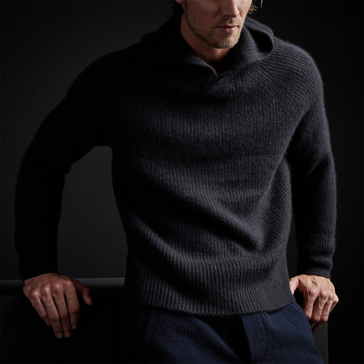 Cashmere Cardigan Stitch Hoody in Black | James Perse Los Angeles
