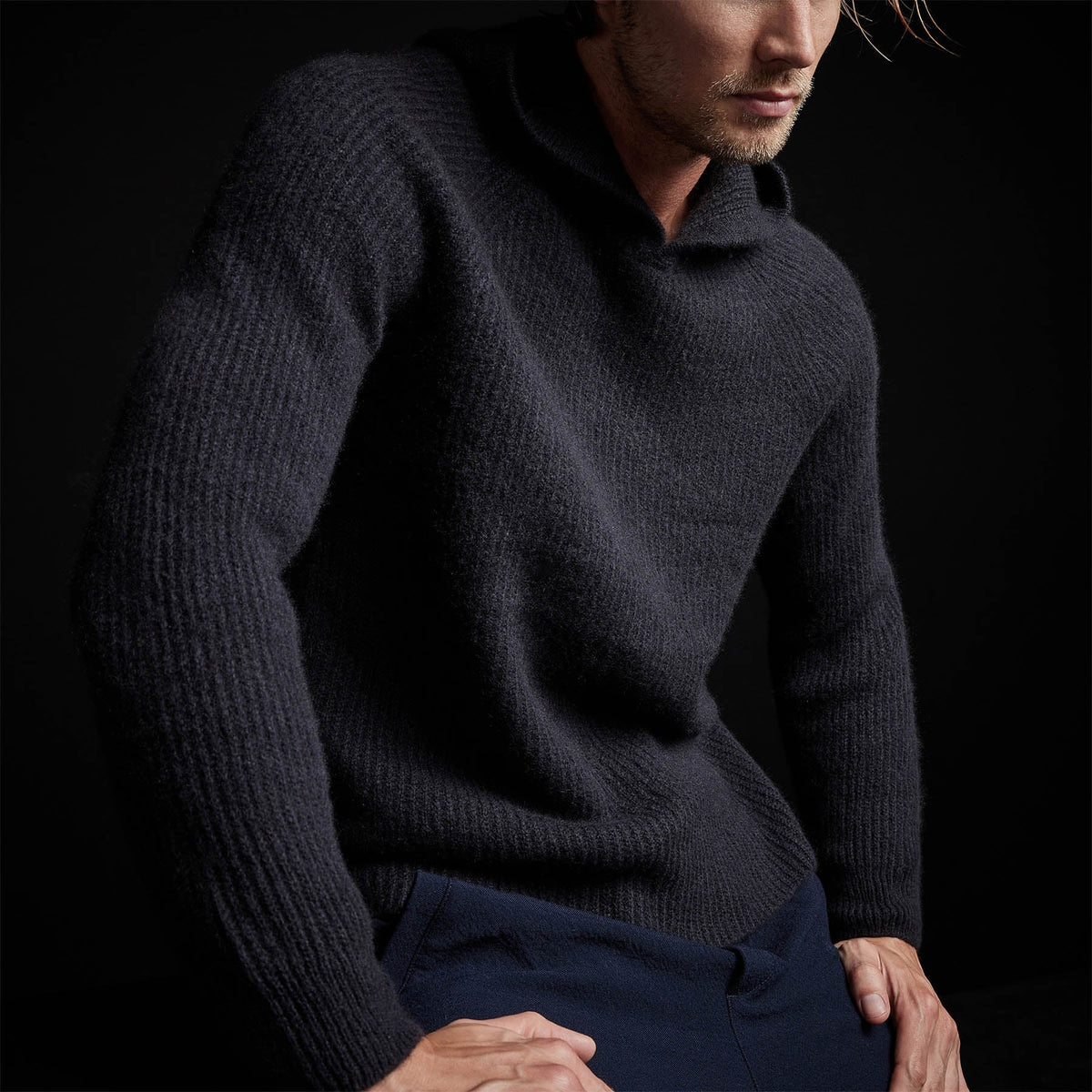 Cashmere Cardigan Stitch Hoody in Black | James Perse Los Angeles