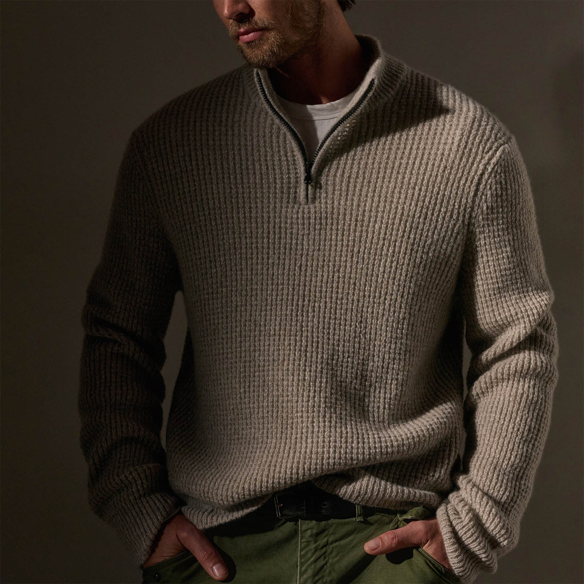 Lightweight Textured Cashmere Waffle Half Zip  in Hazel | James Perse Los Angeles