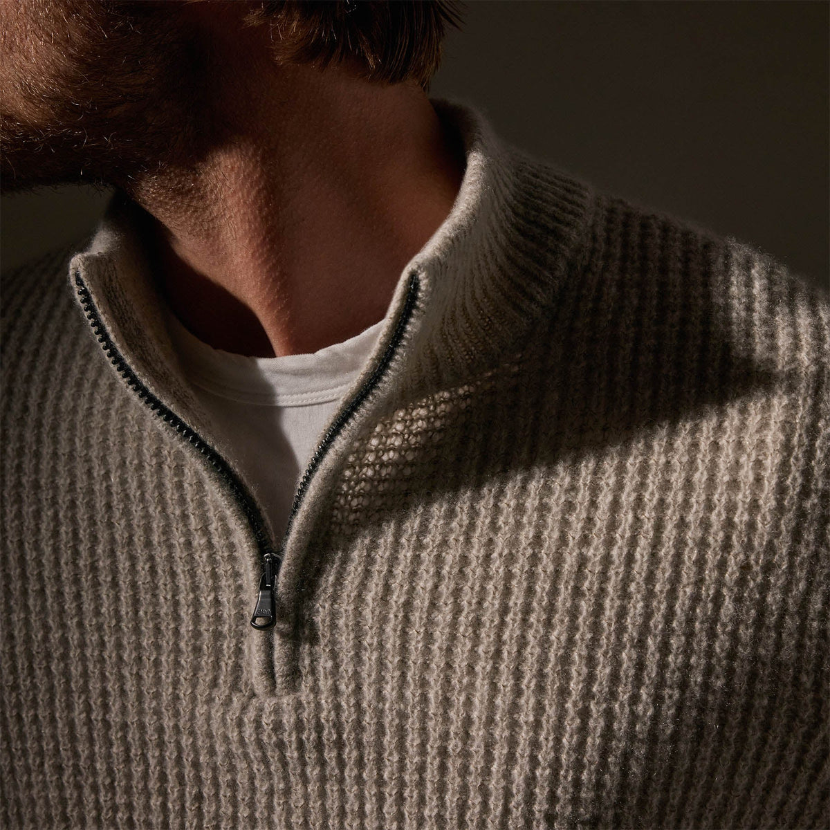 Lightweight Textured Cashmere Waffle Half Zip  in Hazel | James Perse Los Angeles