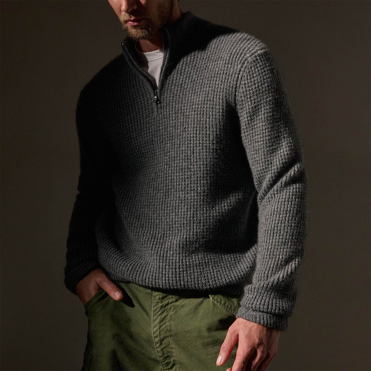 Lightweight Textured Cashmere Waffle Half Zip  in Thunder | James Perse Los Angeles