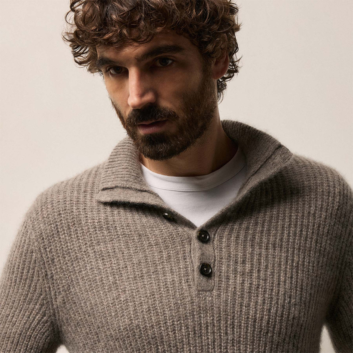 Lightweight Cashmere 1/4 Button Sweater in Beige Melange | James Perse Los Angeles