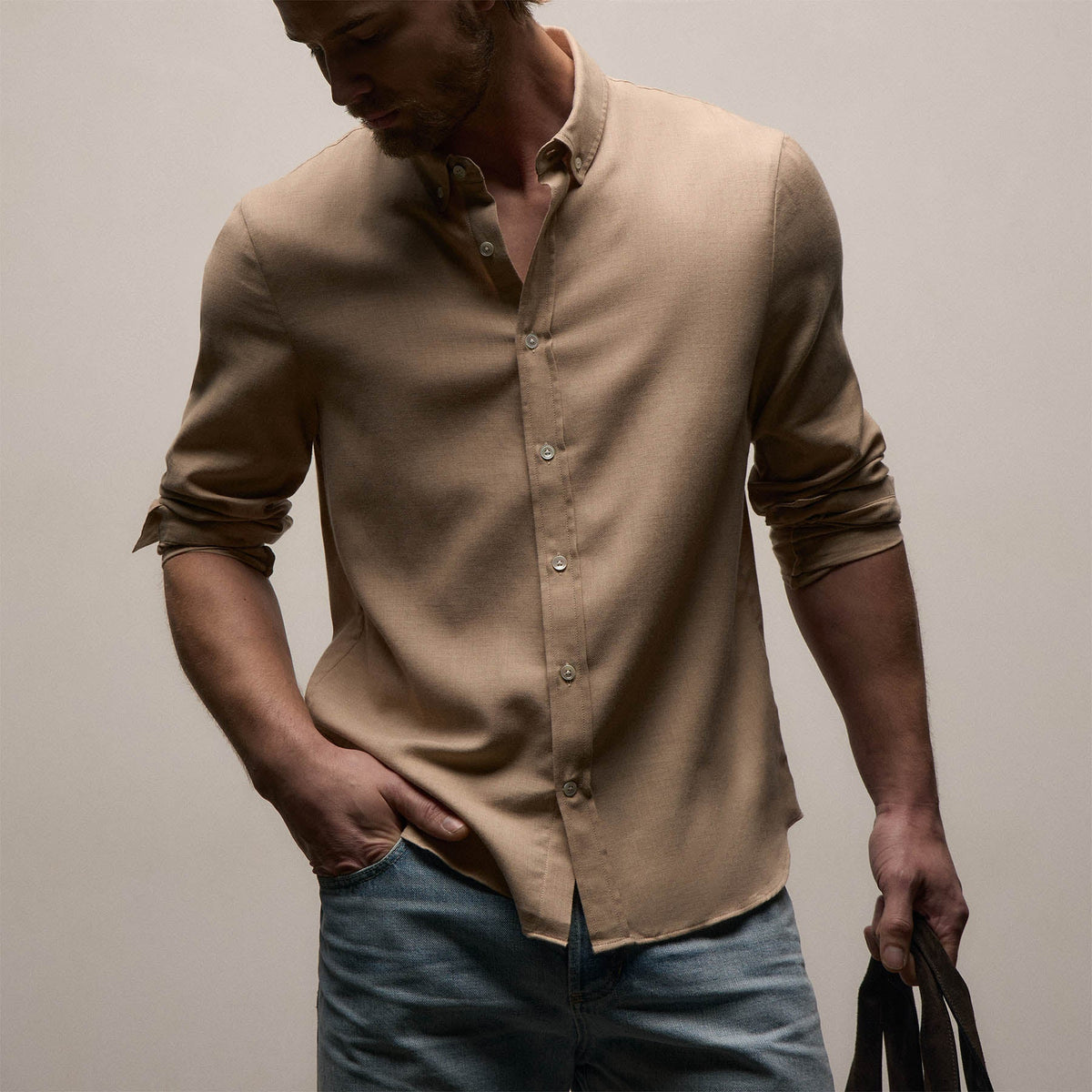 Cotton Cashmere Twill Shirt in Soft Beige | James Perse Los Angeles