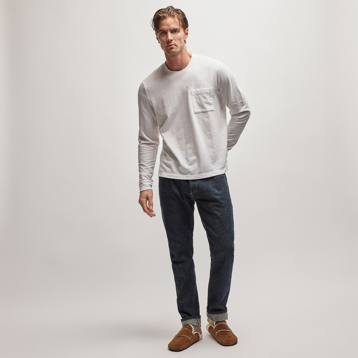 French Terry Pocket Crew in White | James Perse Los Angeles