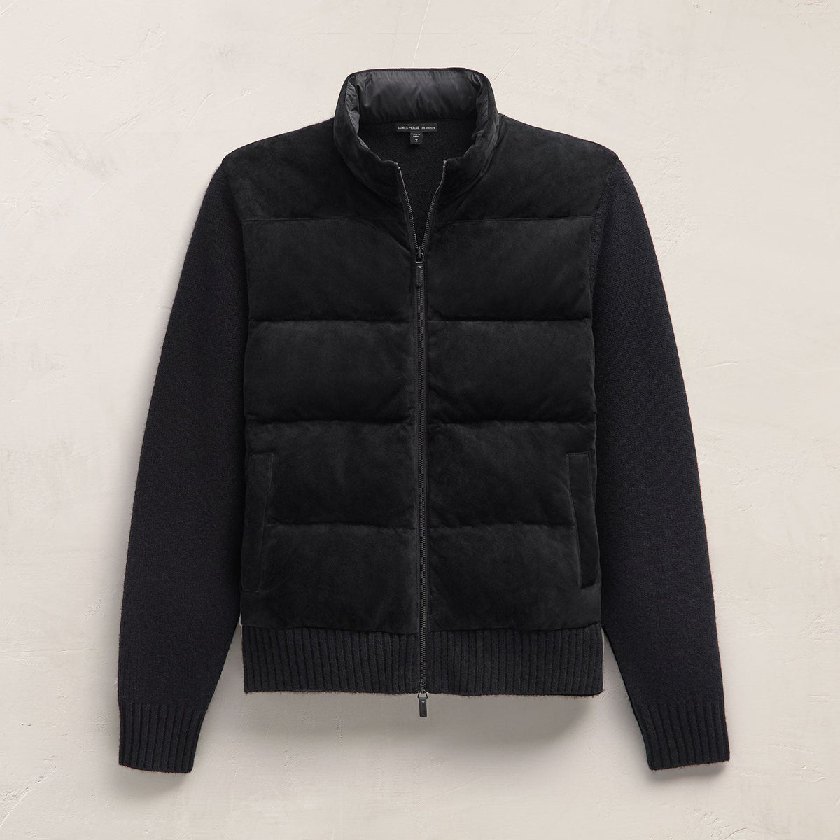 Suede Front Zip Up Sweater in Black | James Perse Los Angeles FLAT